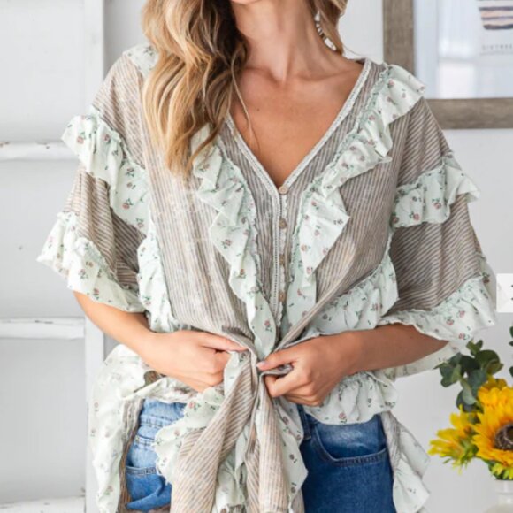 Floral Ruffle V-Neck Top - Picture 2 of 4